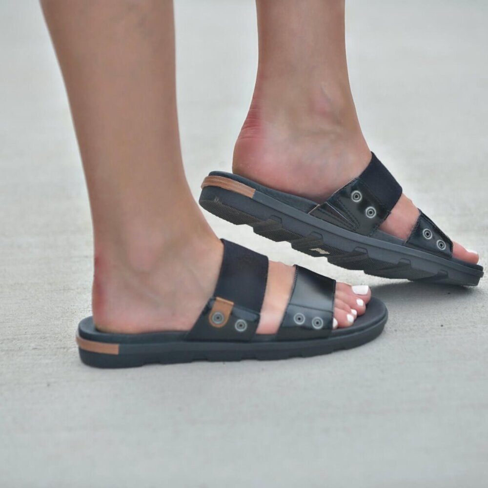 Sorel Women's Black Torpeda‎ II Leather Stretchy Dual Strap Slide Sandal Size 8